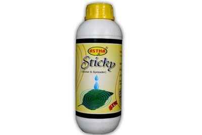 Astha Sticky, a plant adjuvant product for improving crop yield and overall plant health. The product is a clear liquid in a HDP bottle with a yellow label and cap