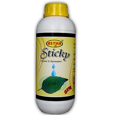 Astha Sticky, a plant adjuvant product for improving crop yield and overall plant health. The product is a clear liquid in a HDP bottle with a yellow label and cap