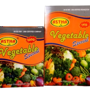 Astha Vegetable Special is a micronutrient fertilizer that is specifically formulated for all types of vegetables. It contains a blend of essential nutrients, including zinc, boron, magnesium, and manganese. These nutrients play a vital role in the growth and development of vegetable plants, and they are essential for producing high-quality vegetables. Astha Vegetable Special can be used to improve the overall health and vigor of vegetable plants, as well as to correct nutrient deficiencies. It is especially beneficial for use on young plants, as it helps to promote strong root development and vigorous growth. Astha Vegetable Special can also be used on mature plants to improve yields and quality. To use Astha Vegetable Special, simply mix 2 gm to 4 gm of fertilizer with 1 liter of water and spray the leaves of your vegetable plants. Apply once a month during the growing season. Benefits of using Astha Vegetable Special: Improves overall growth and development of vegetable plants Promotes strong root development and vigorous growth Corrects nutrient deficiencies Improves yields and quality Easy to apply Instructions for use: Mix 2 gm to 4 gm of Astha Vegetable Special with 1 liter of water. Spray the leaves of your vegetable plants once a month during the growing season. Storage: Store in a cool, dry place away from direct sunlight. Guarantee: Astha Vegetable Special is backed by a 100% satisfaction guarantee. If you are not completely satisfied with the results, simply return the product for a full refund. Order your Astha Vegetable Special today and see the difference!