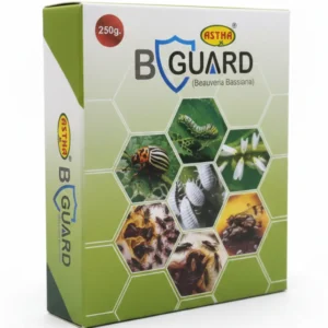 Astha B Guard (Beauveria bassiana) organic bio-insecticide packaging for controlling whiteflies, thrips, and aphids on crops by Lila Agrotech.