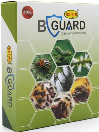 Astha B Guard (Beauveria bassiana) organic bio-insecticide packaging for controlling whiteflies, thrips, and aphids on crops by Lila Agrotech.